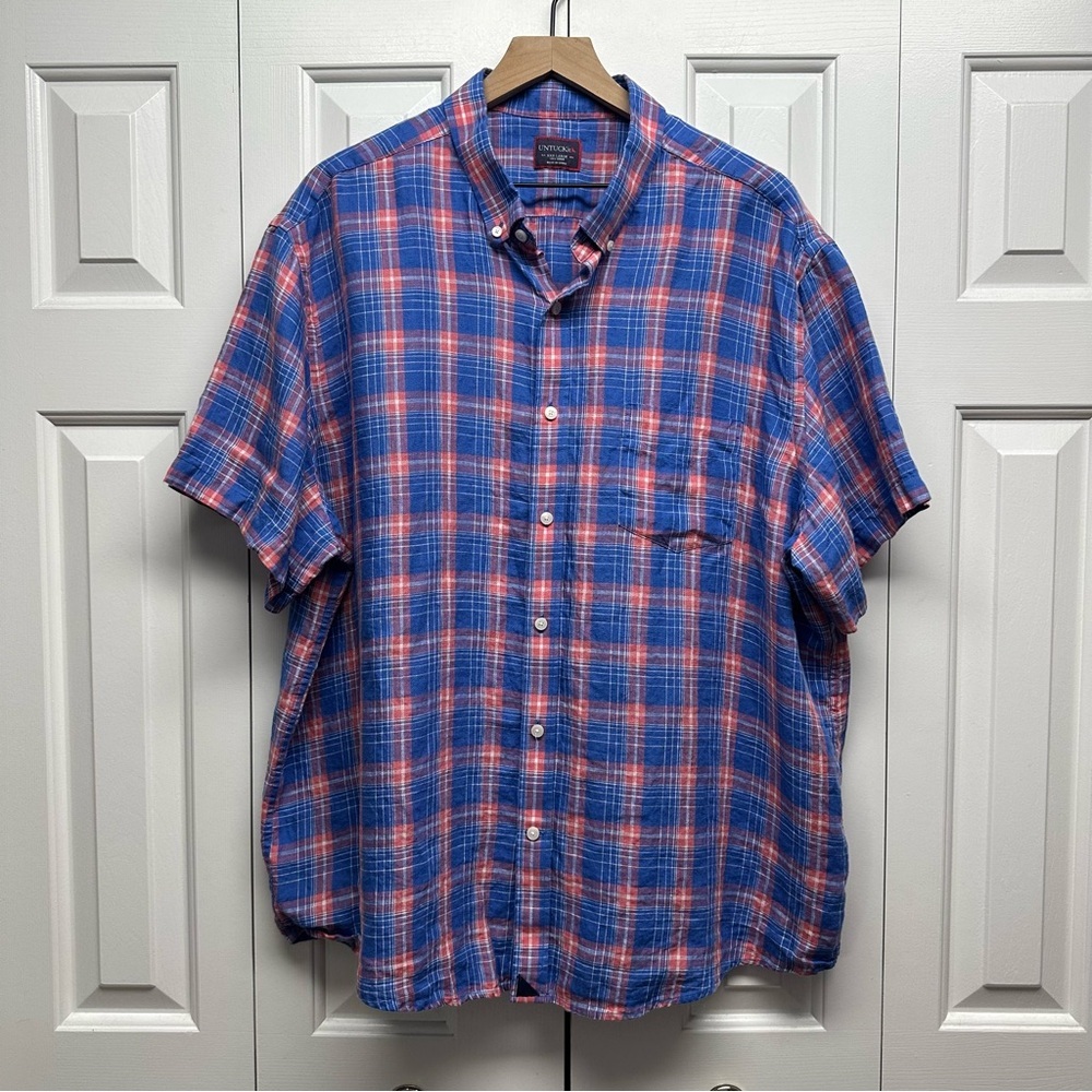 Men’s UNTUCKIT 100% Linen Plaid Button Down Short Sleeve Shirt Size XXXLarge